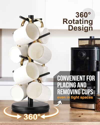 Lorbro Coffee Mug Tree, 360° Rotating Wooden Mug Holder
