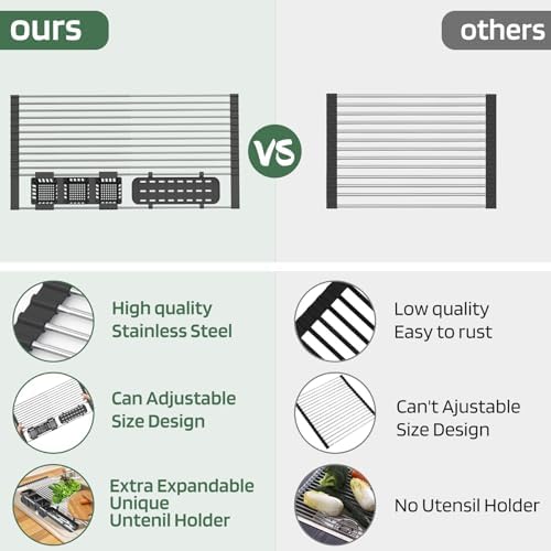 Black Expandable Roll Up Dish Drying Rack Up to 22.8''with 2 Storage Baskets