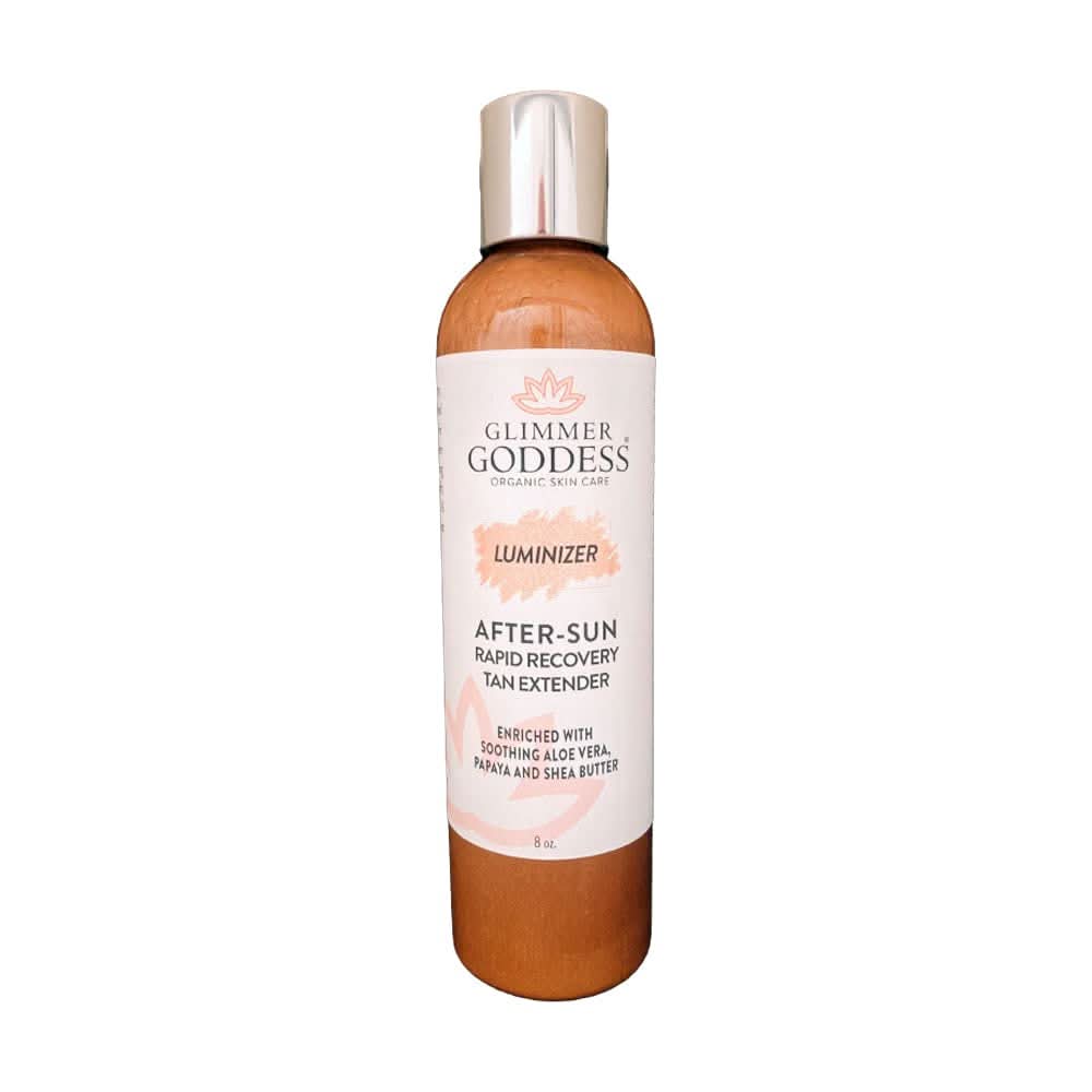 Bottle of GLIMMER GODDESS Organic After Sun Lotion and Tan Extender with luminizing shimmer