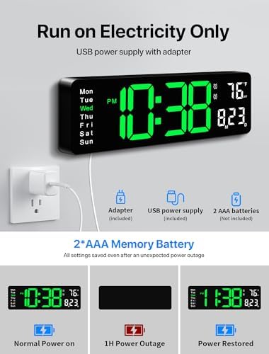 MASHI 16" Easy-Read Large Digital Wall Clock, 9-Color Night Light