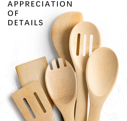 Wooden Spoons for Cooking, 6-Piece Bamboo Cooking Utensil Set