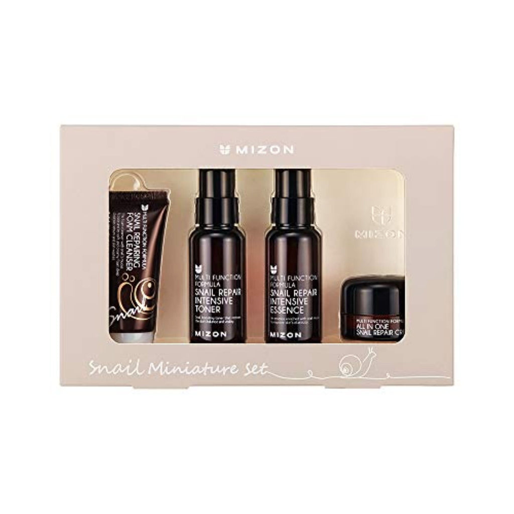 Mizon Snail Mucin Repair Miniature Travel Set including cleanser, toner, essence, and cream.
