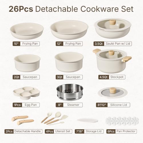 CAROTE 26pcs Pots and Pans Set Non Stick, Cookware Set Detachable Handle