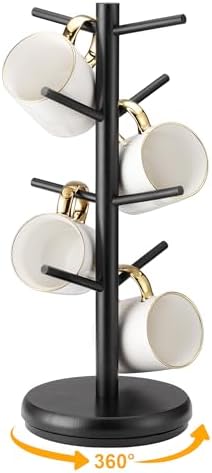 Lorbro Coffee Mug Tree, 360° Rotating Wooden Mug Holder