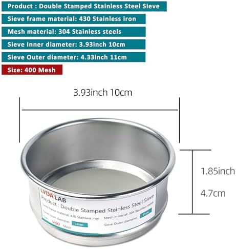 4" 304 Stainless Steel Lab Sieve, 400 Mesh Screen Sifter