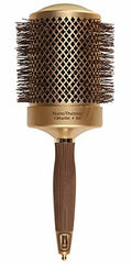 Professional Olivia Garden 3 1/4 inch NanoThermic round hair brush with metallic gold barrel and brown handle.