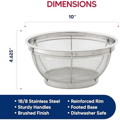 HIC Kitchen Reinforced Mesh Colander, 18/8 Stainless Steel