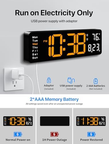 MASHI 16" Easy-Read Large Digital Wall Clock, 9-Color Night Light