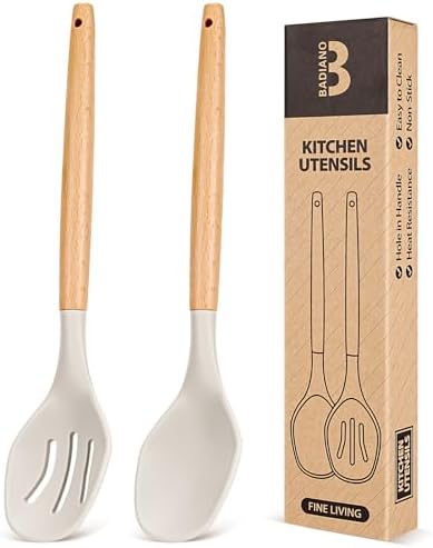 Badiano Large Silicone Cooking Spoons Set, Solid & Slotted, 2 Pack