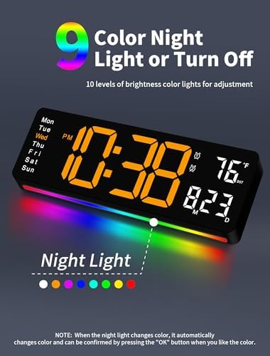 MASHI 16" Easy-Read Large Digital Wall Clock, 9-Color Night Light