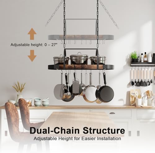 Hanging Pot Rack, 32-Inch Ceiling Pot Rack, 16 S Hooks, 100 lb Capacity