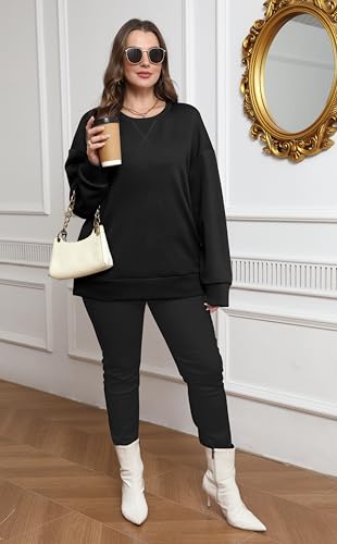 Womens Casual Loose Fit Sweatshirt Trendy Tops Crewneck Side Split Long Sleeve Shirts
