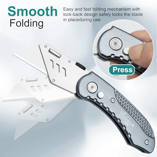 Vickay Folding Utility Knife, Heavy Duty Box Cutter, Razor Knife-Grey