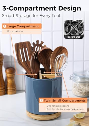 LoeJan 3 Compartment Utensil Holder, Extra Large Utensil Crock, Stable Ceramic