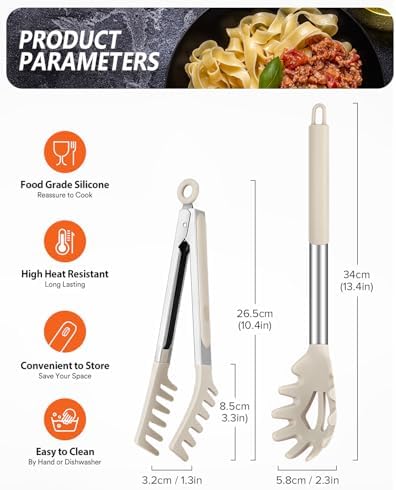 Silicone Spaghetti Spoon & Pasta Tong, Non-Stick Stainless Steel Handle Pasta