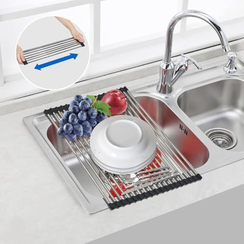 Expandable Roll Up Dish Drying Rack Over The Sink Rack, Foldable Dish Drainer