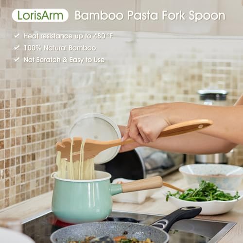 LorisArm 12.5" Bamboo Spaghetti Server Spoon, Wooden Pasta Fork Spoons Wood