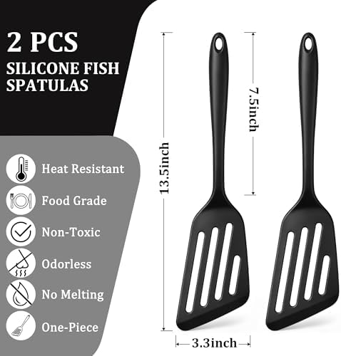 TeamFar Silicone Fish Spatula Set of 2, Heat Resistant Slotted Fish Turner