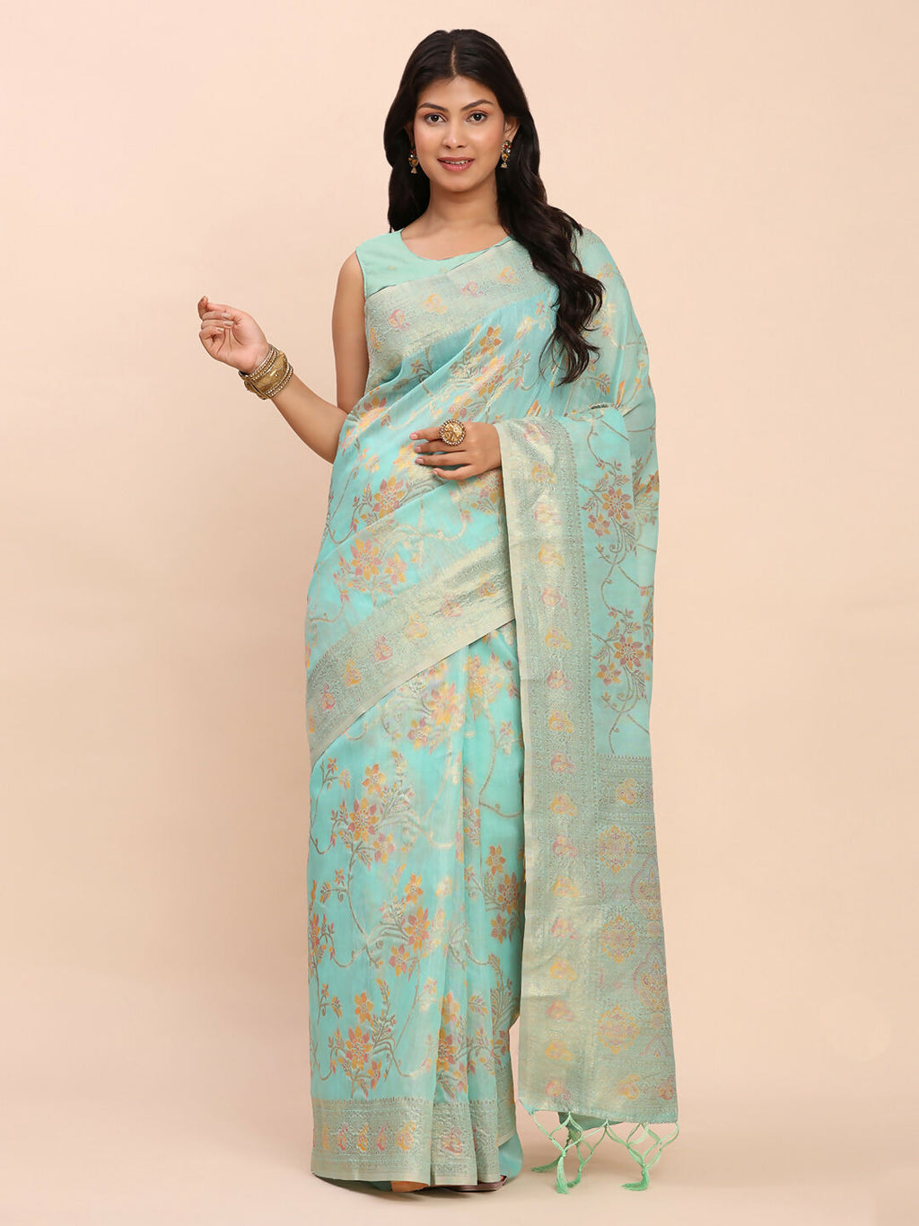 Beautiful sea green linen cotton saree with coordinated blouse