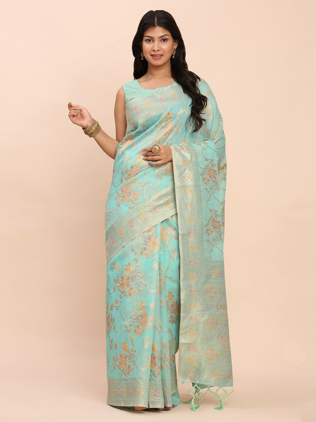 Beautiful sea green linen cotton saree with coordinated blouse