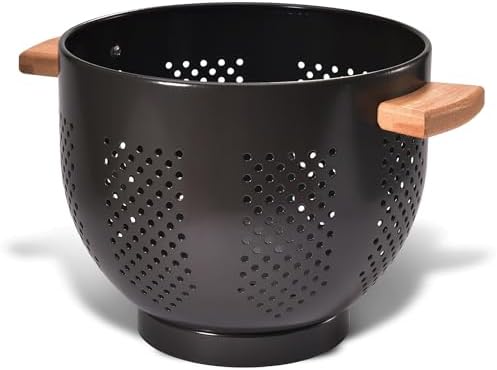 Metal Colander with Wood Handle and Stable Base, Powder Coated Steel Kitchen