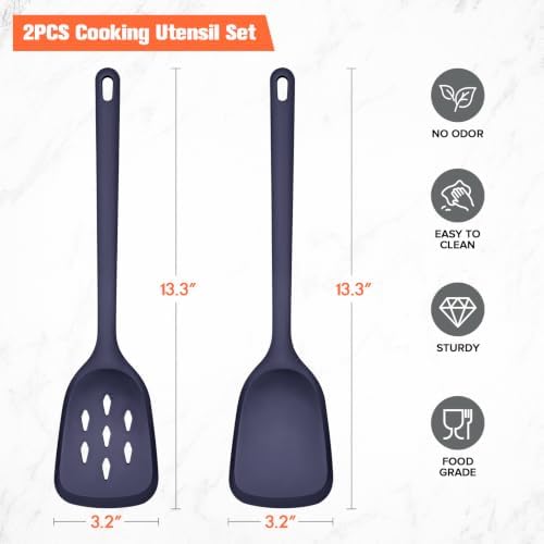Silicone Spatula Set of 2 Pack, Heat Resistant Solid&Slotted Turner