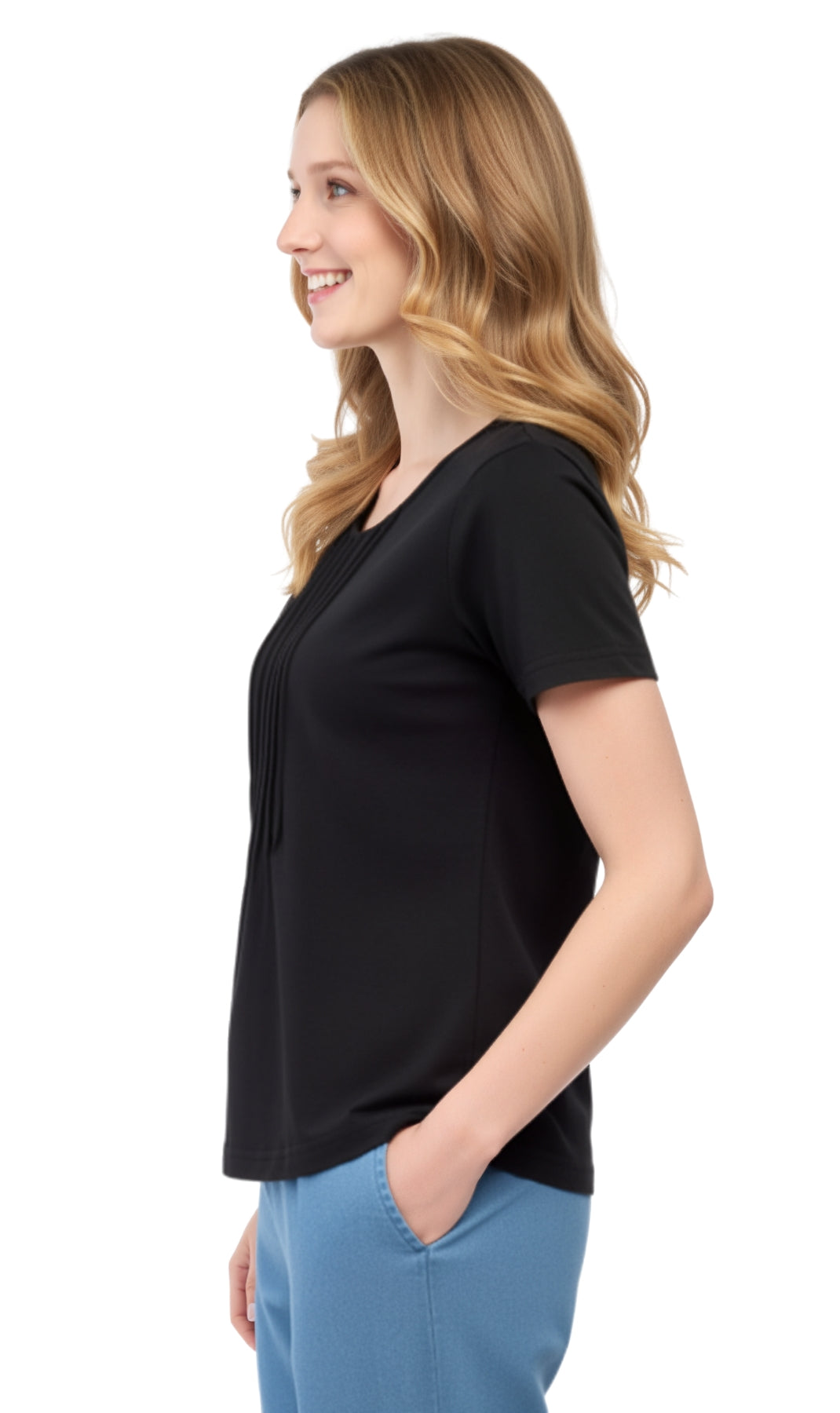 Women's Short Sleeve Pintuck Scoop Neck 100% Cotton Knit T-Shirt