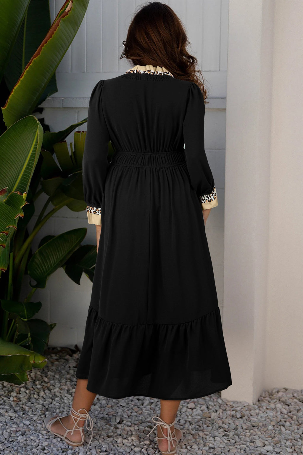 Leopard Frilled Trim V-Neck 3/4 Sleeve Midi Dress