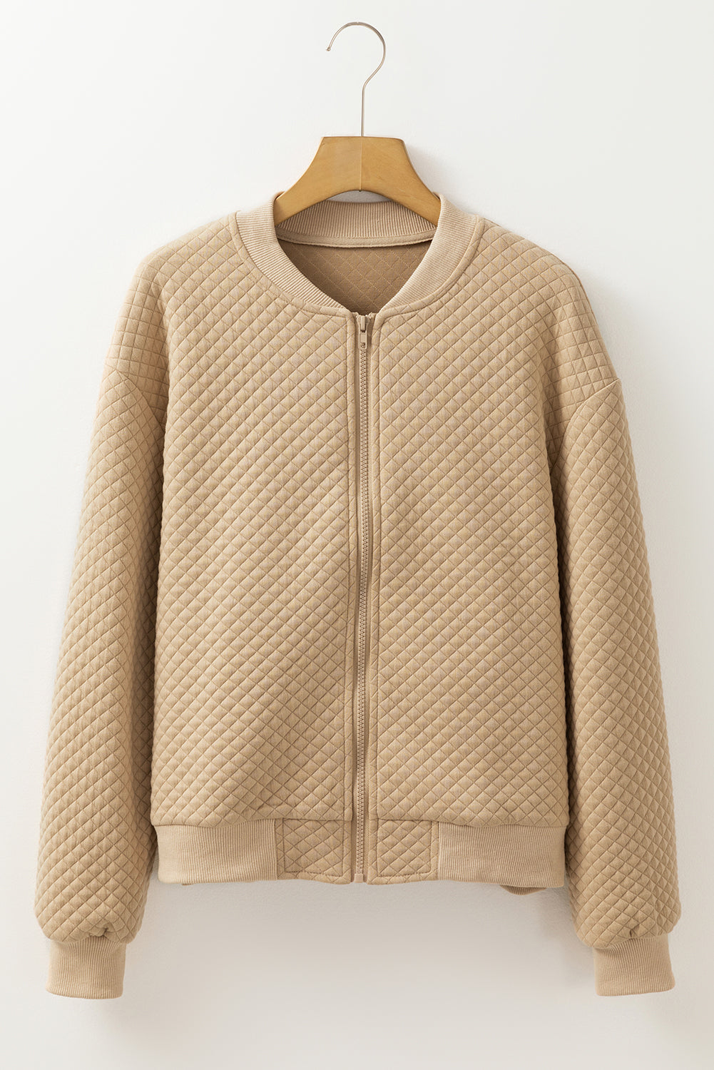 Pale Khaki Textured Baseball Collar Jacket