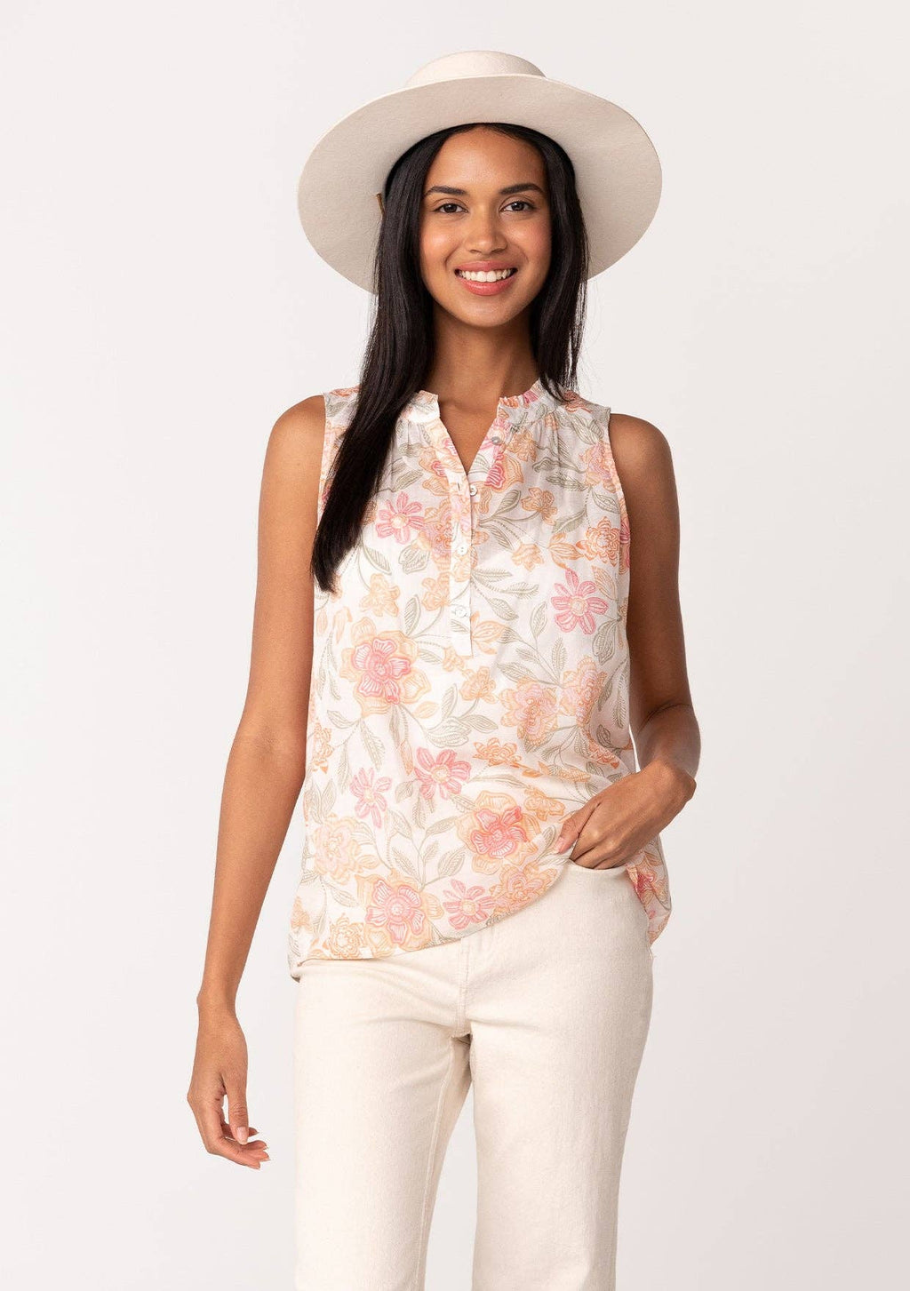 Sheer floral print tank top with button front and ruffle neckline in Natural and Coral