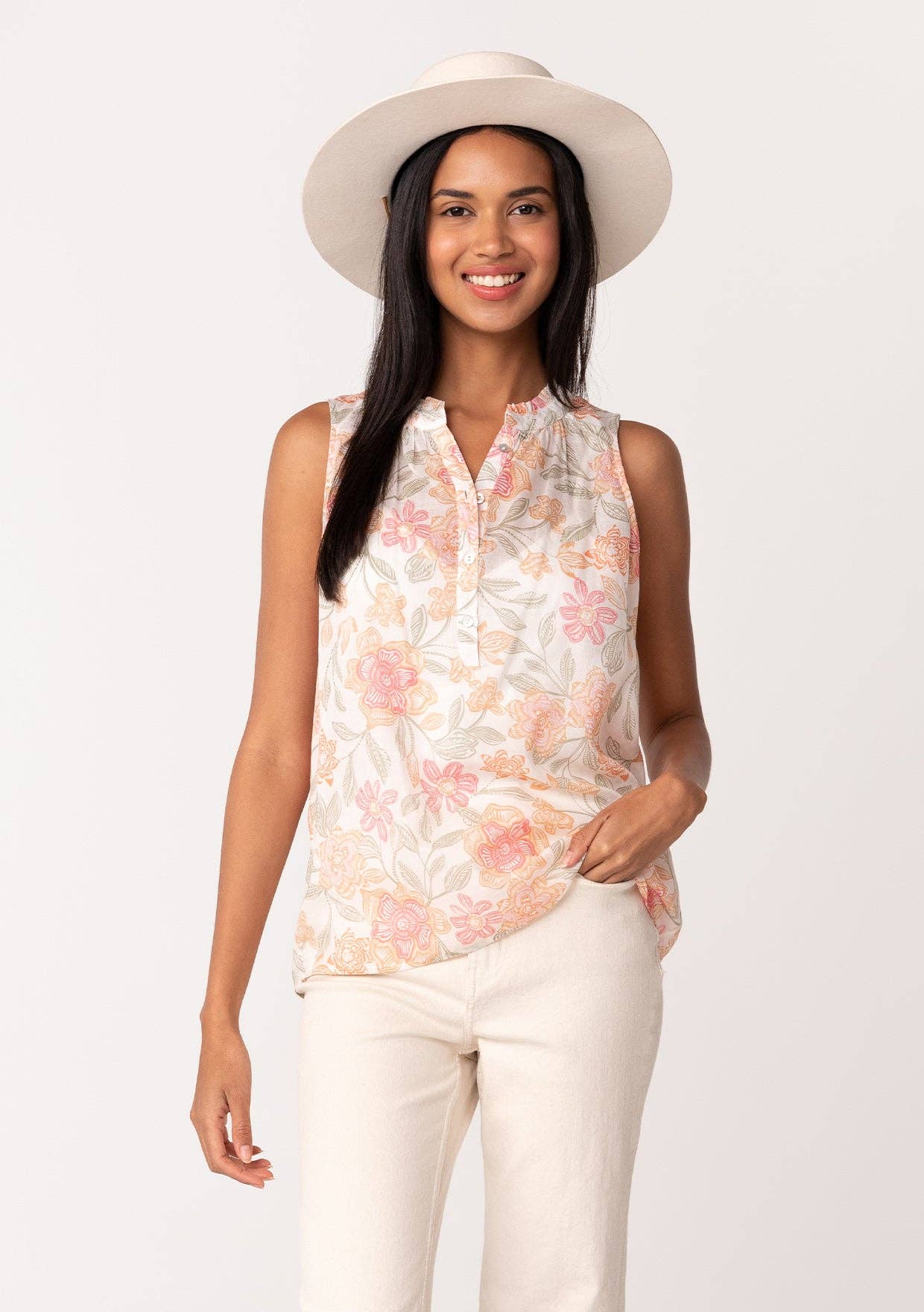 Sheer floral print tank top with button front and ruffle neckline in Natural and Coral