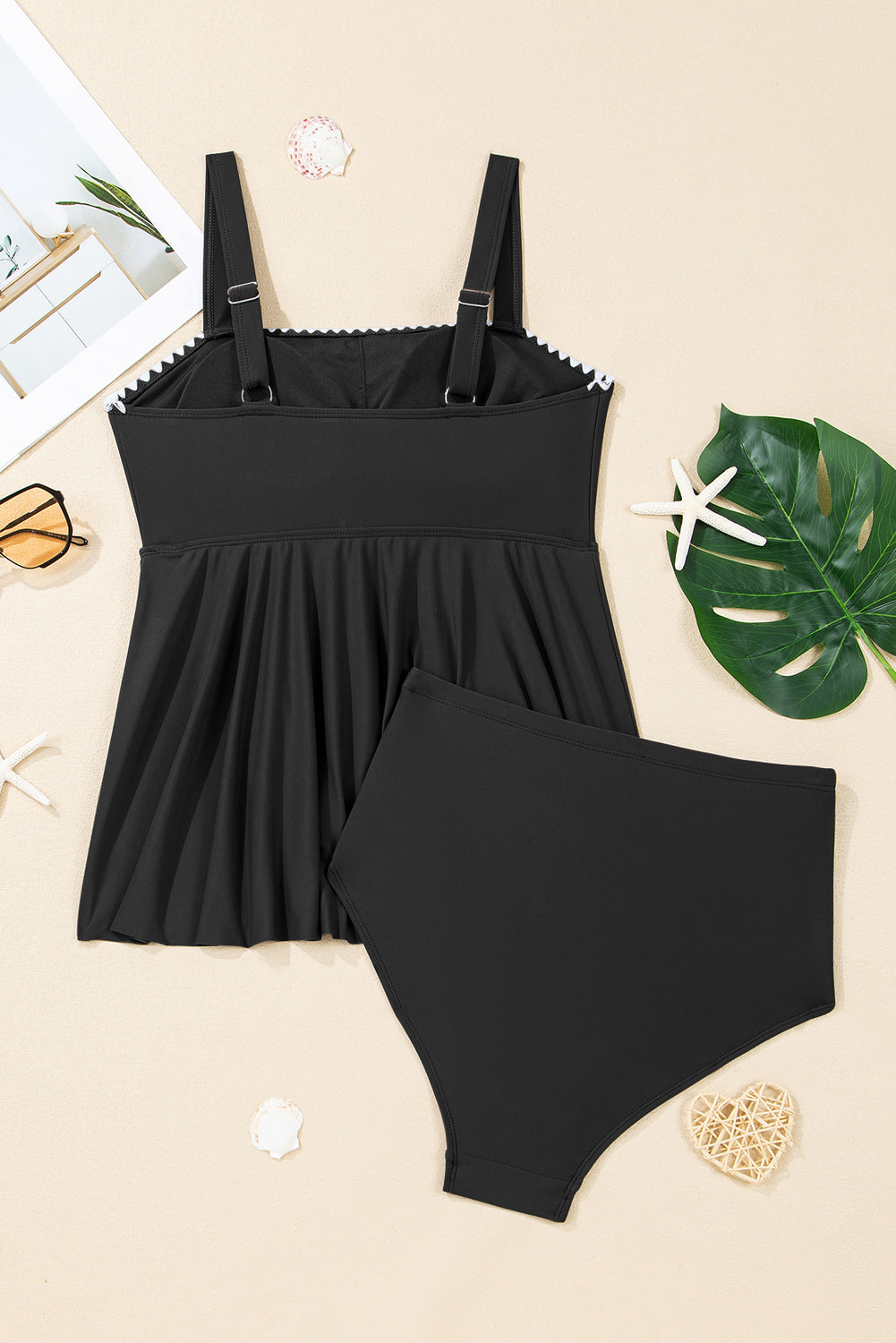 Solid Ricrac Trim Flared Tankini Top Set