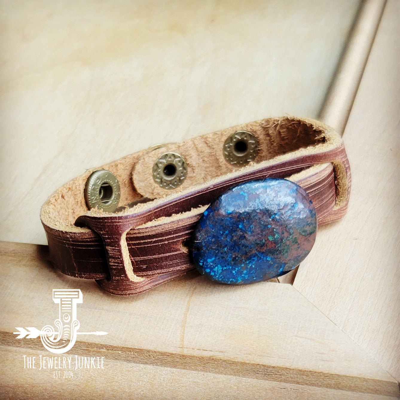 Genuine Ocean Agate Slab and Leather Snap Cuff Bracelet - Image 2