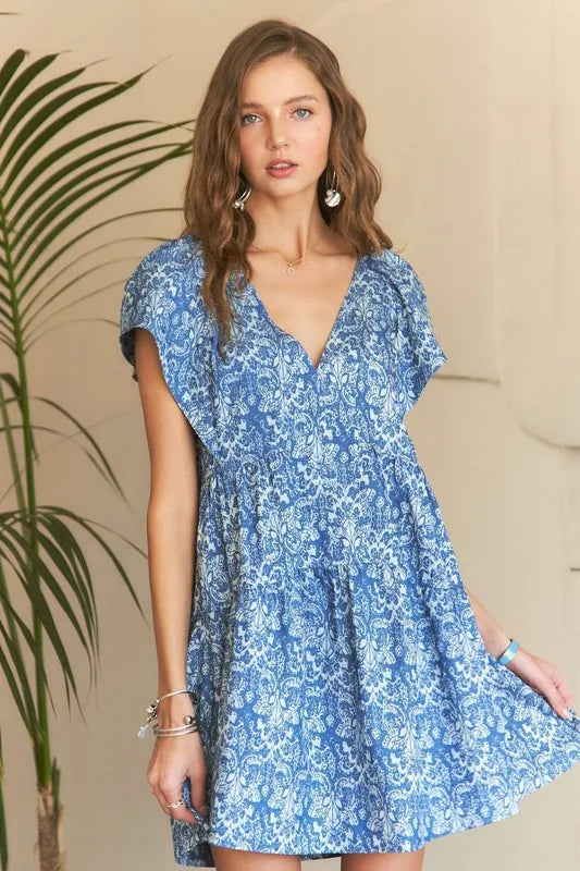 Blue and White Floral Print V-Neck Ruffle Sleeve Mini Dress