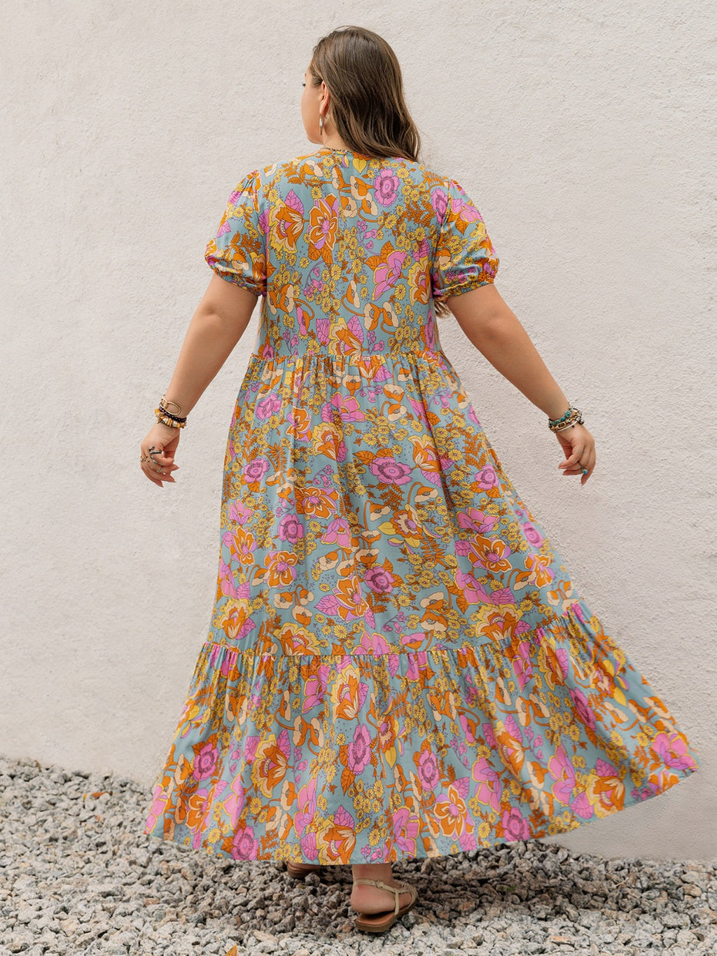 Floral V-Neck Maxi Dress - Flowy Ruffled Short Sleeve Summer Dress