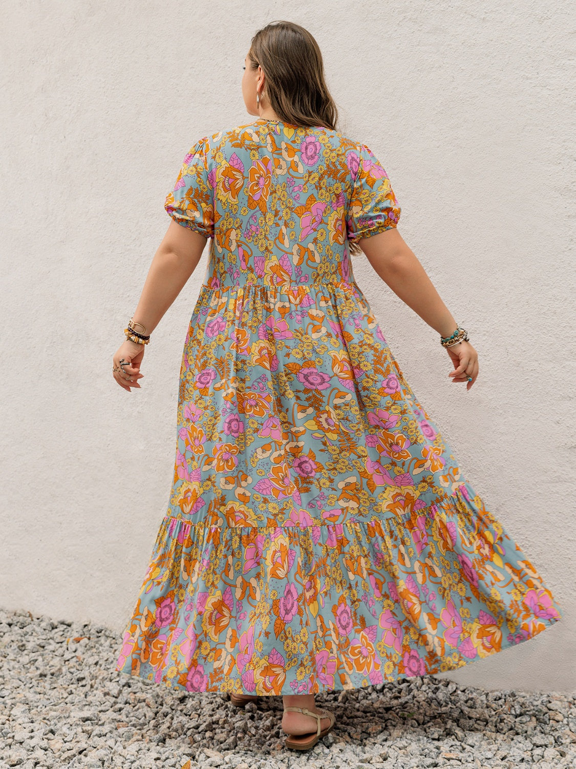Floral V-Neck Maxi Dress - Flowy Ruffled Short Sleeve Summer Dress