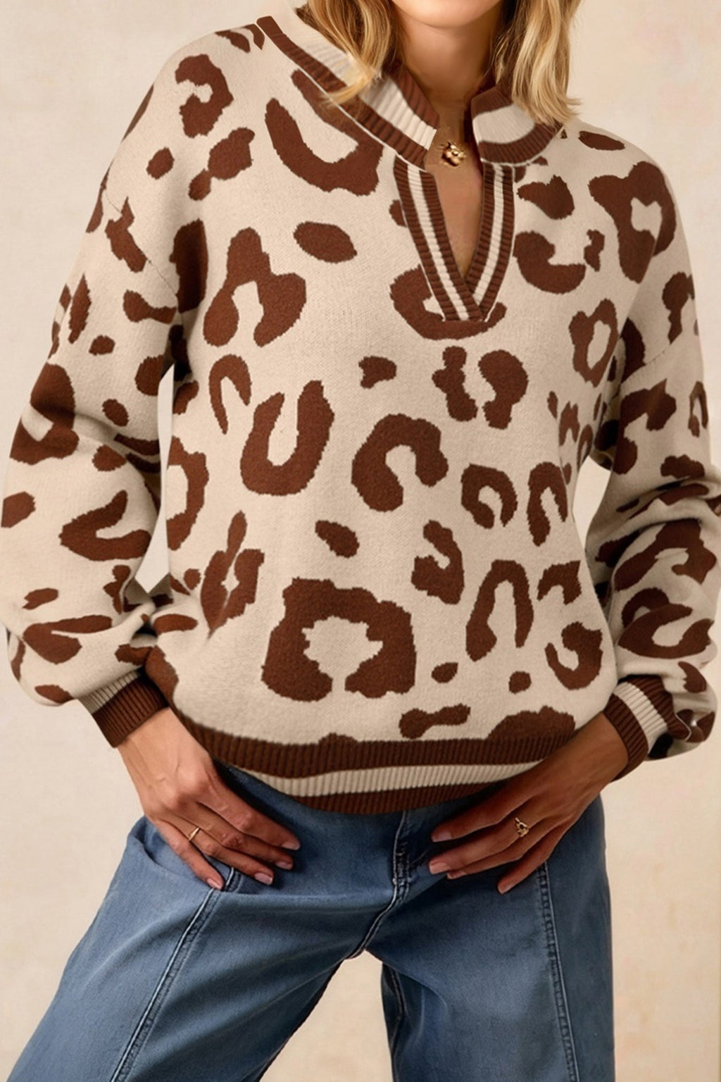 Leopard Knit V-Neck Sweater