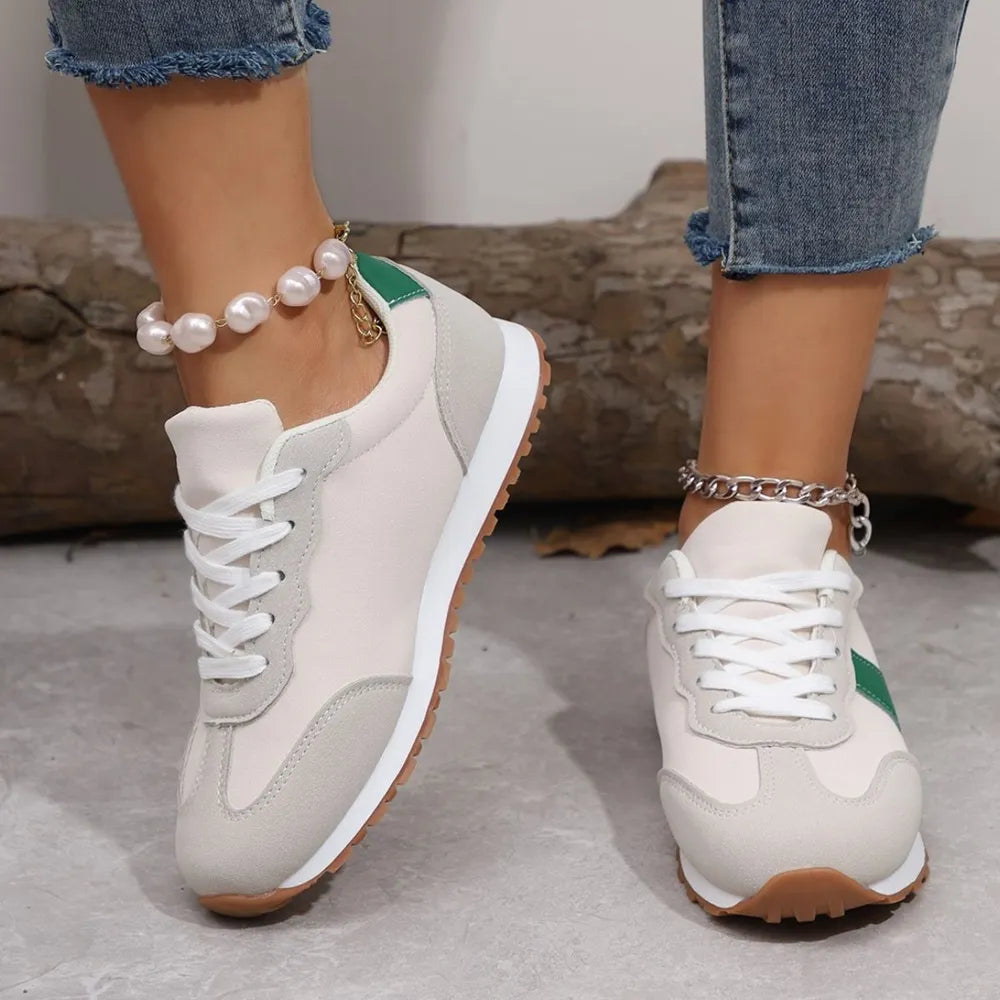 PU Leather Contrast Round Toe Flat Sneakers - Lace-Up Casual
