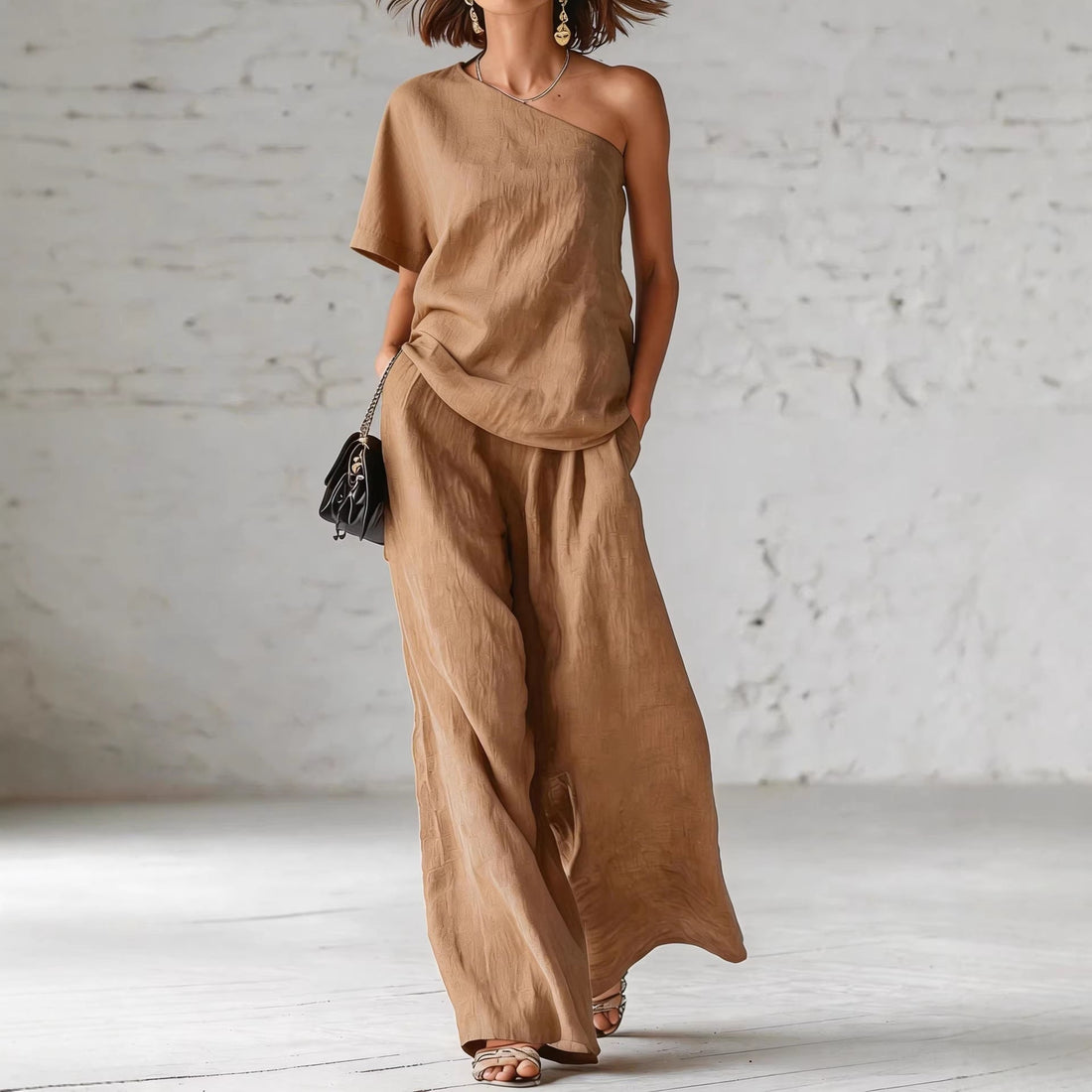Women's One-Shoulder Top and Wide-Leg Pants Two-Piece Set - Image 4