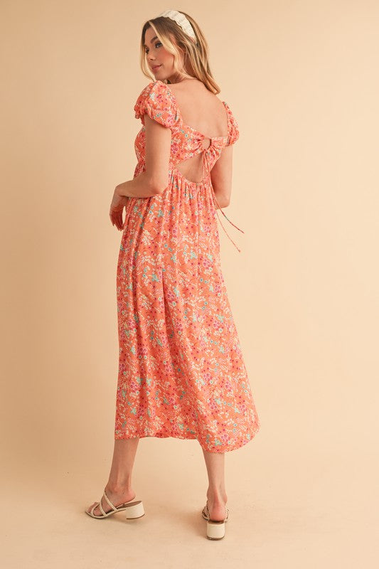 Floral Square Neck Puff Sleeve Midi Dress with Cutout Back