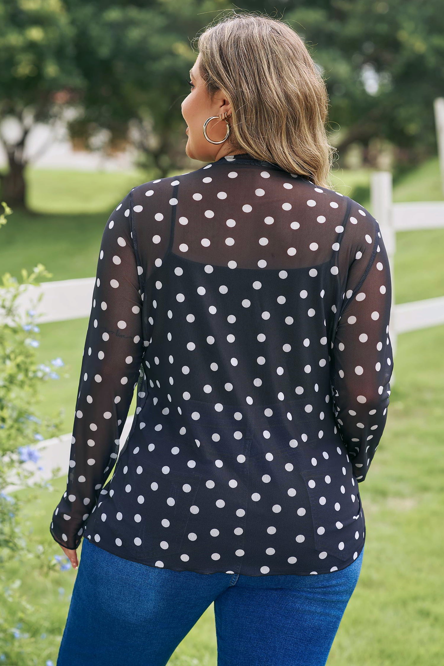 Polka Dot Mesh Long Sleeve Top Colorblock Modern Minimalist Tee