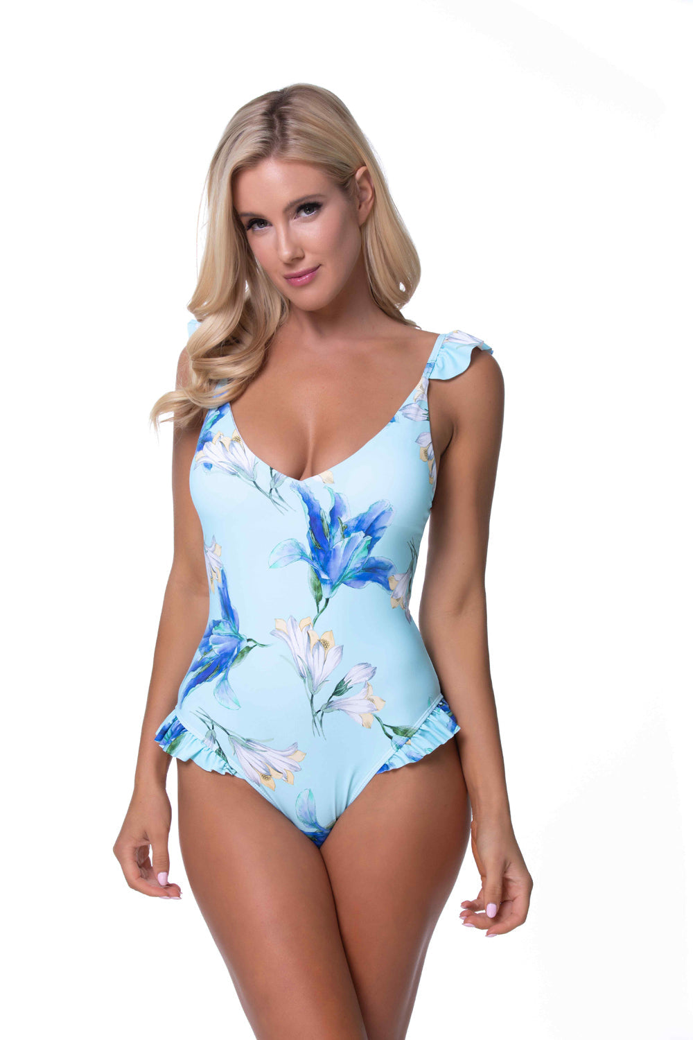 Blue floral one-piece swimsuit featuring ruffle-trimmed straps, V-neckline, and side flounces.