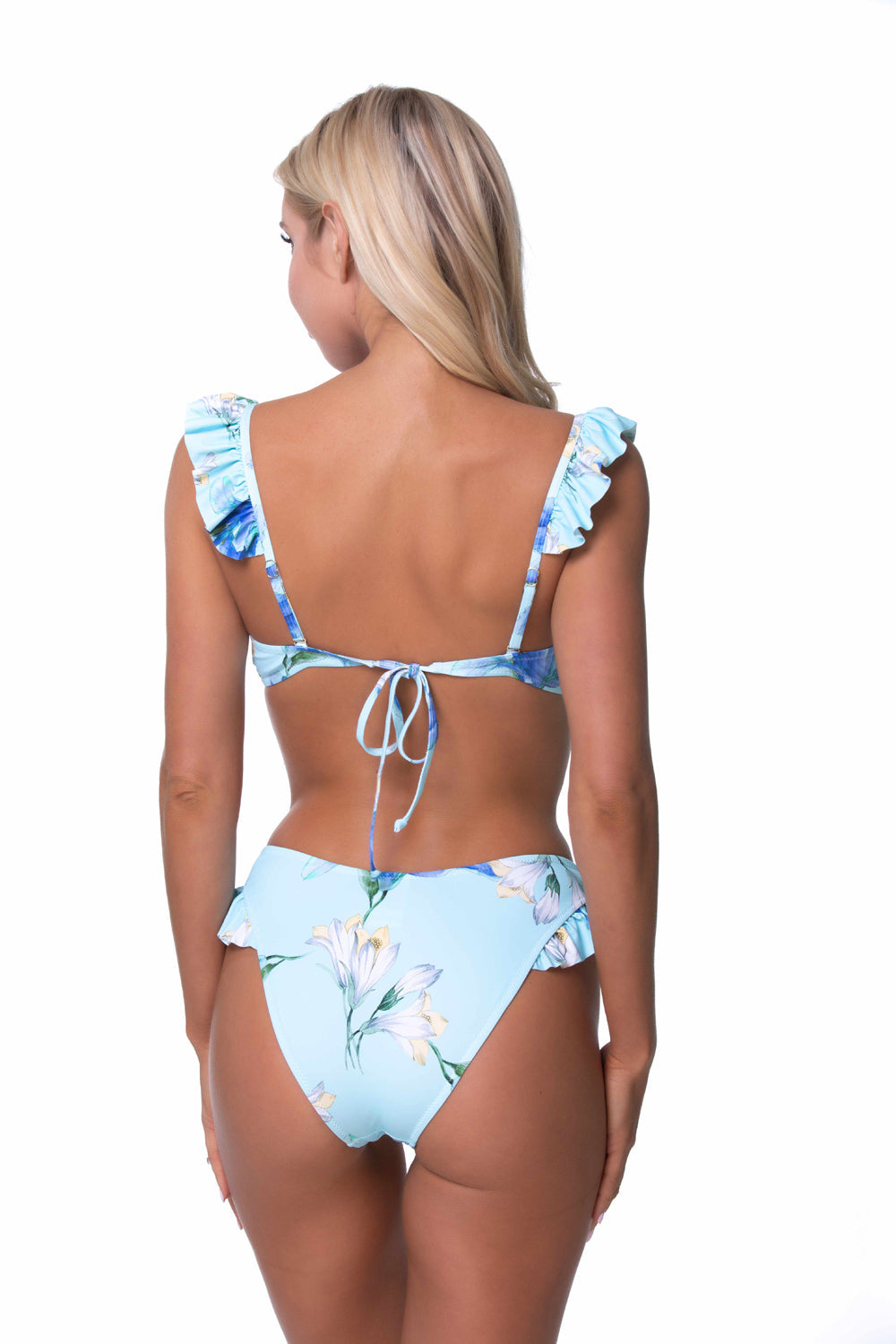 Blue Flora Ruffle Trim Bikini Set with Mid-Waist Flounce Bottom