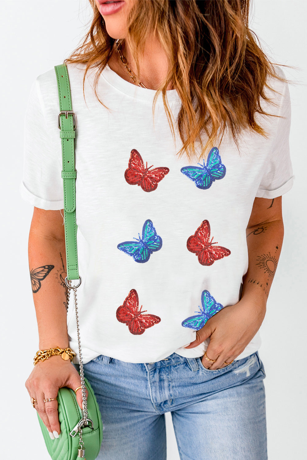Women's Sequin Butterfly Graphic Short Sleeve Crew Neck T-Shirt - Image 2