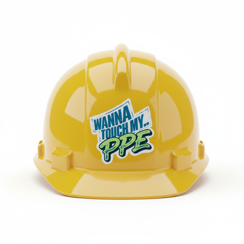 Stack of stickers with text 'Wanna touch my PPE' on a green background