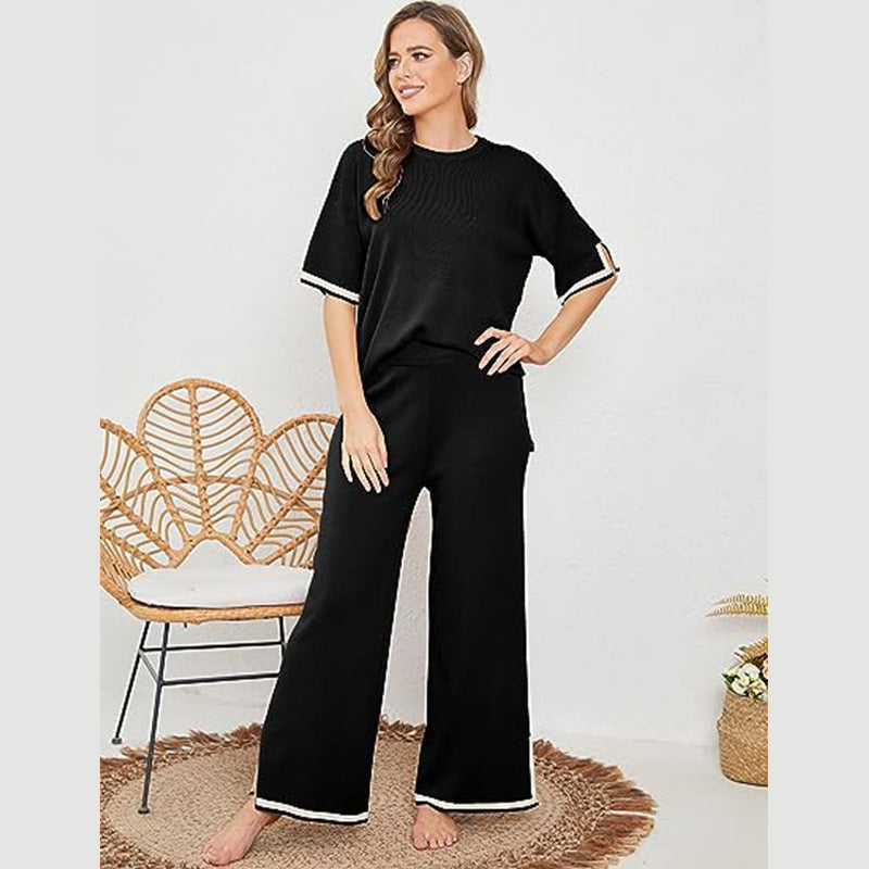 Women's Knit Three-Quarter Sleeve Pullover and Wide Leg Pants Set