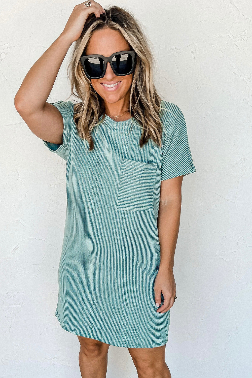 Blue Striped Ribbed Knit T-Shirt Shift Dress | Casual