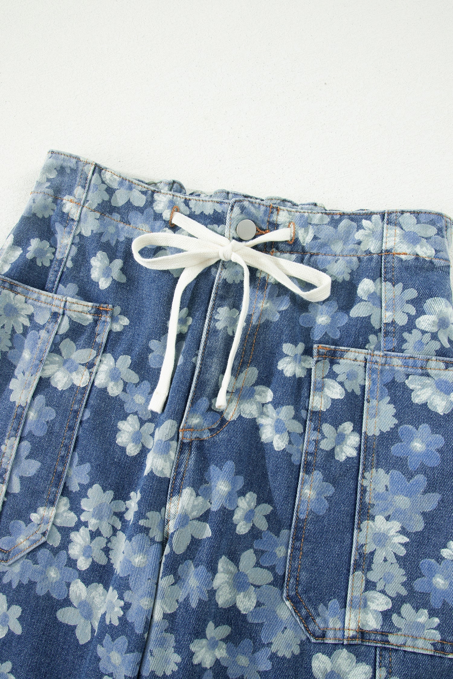Sky Blue Dainty Floral Print Barrel Leg Drawstring Jeans