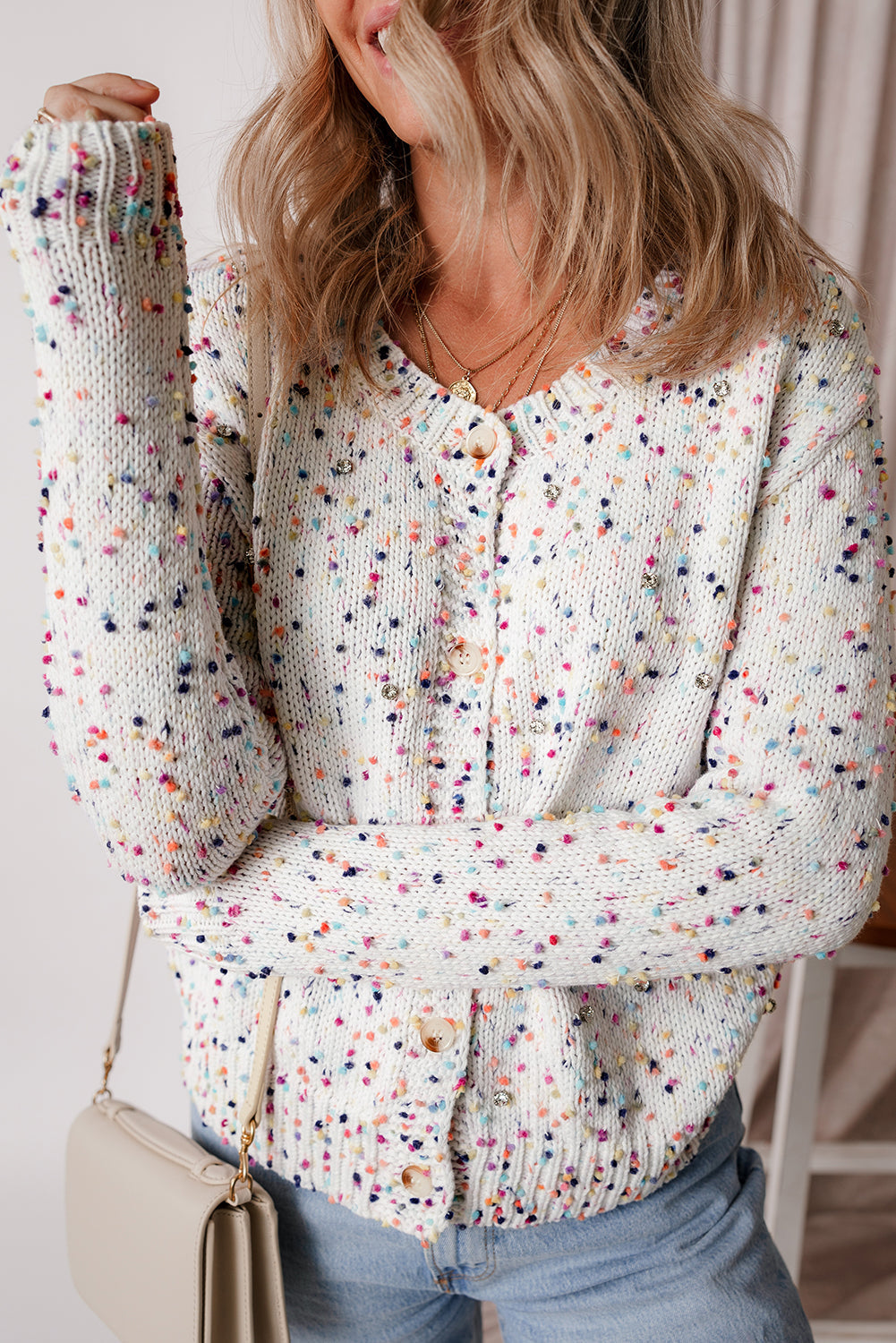 White Rhinestone Confetti Button-Front Cardigan Sweater - Image 3
