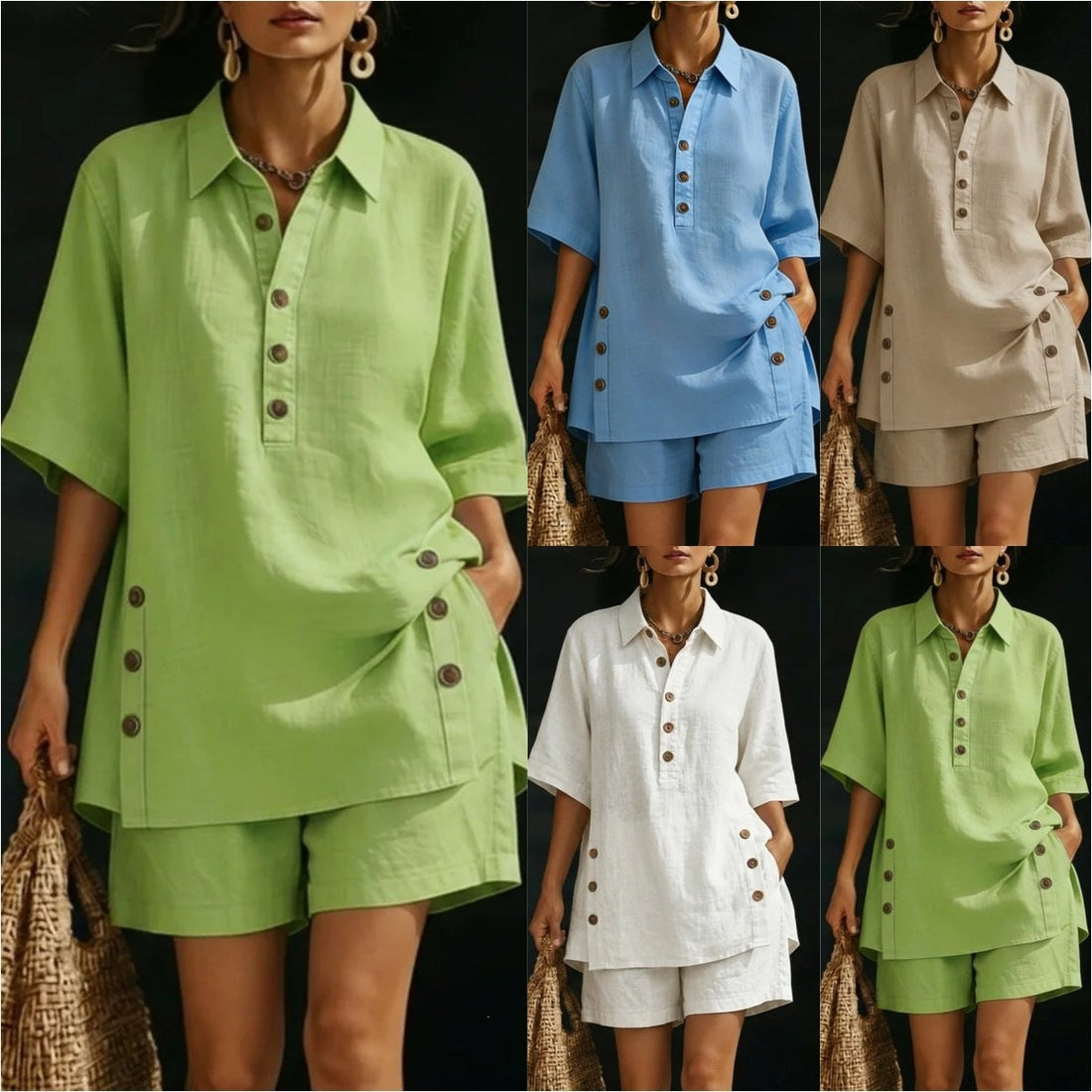 A woman wearing a matching short-sleeve button-down shirt and loose shorts set in beige, available in green, blue, and white.